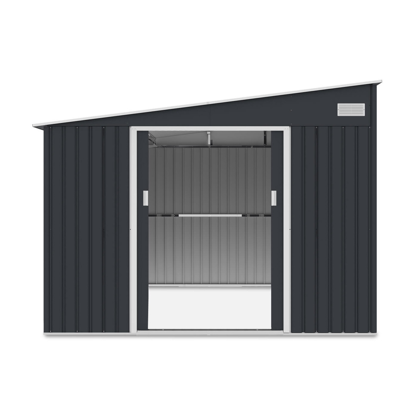 Widok na przód i wnętrze domku narzędziowego JASPER 279x321cm Cold Grey