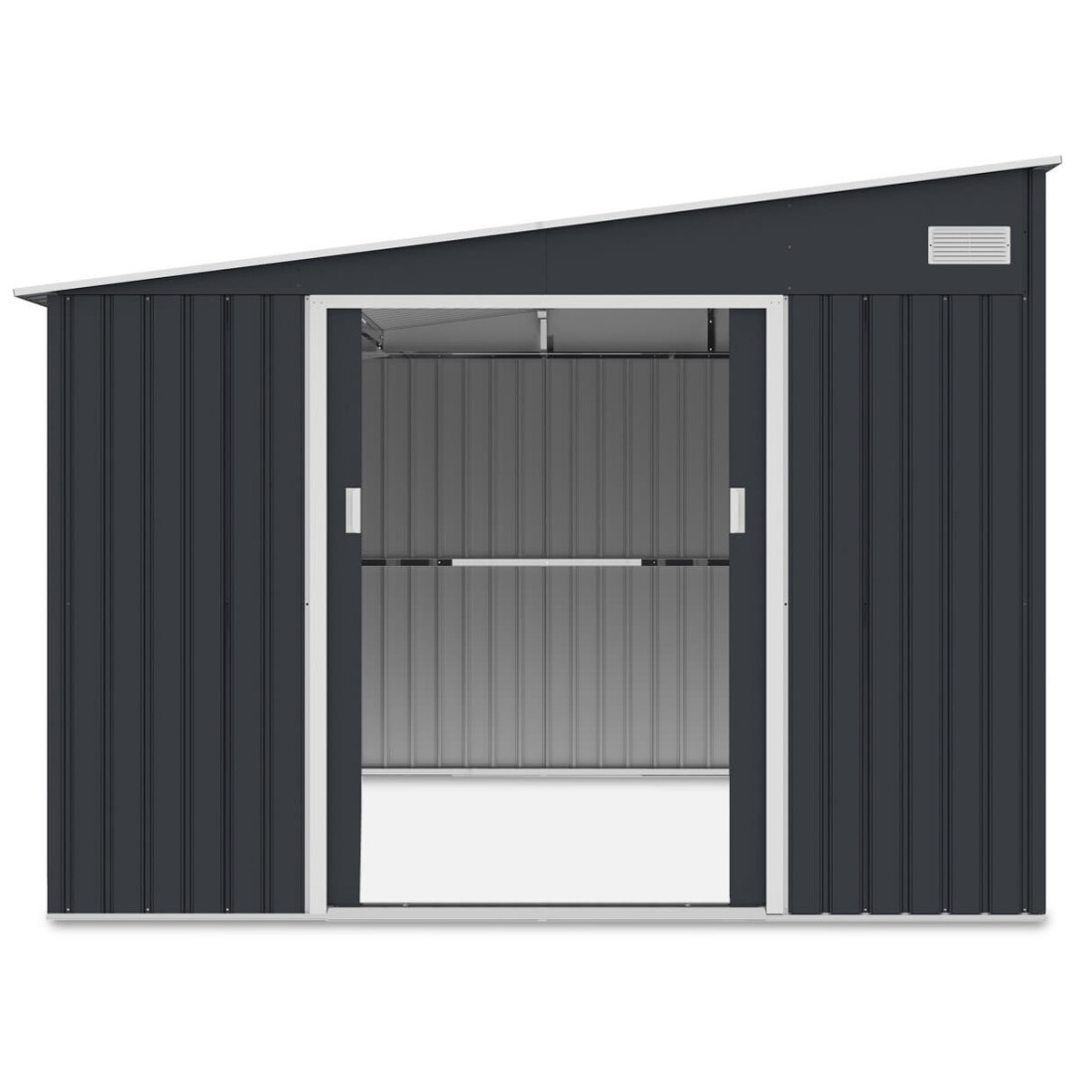 Widok na przód i wnętrze domku narzędziowego JASPER 279x321cm Cold Grey