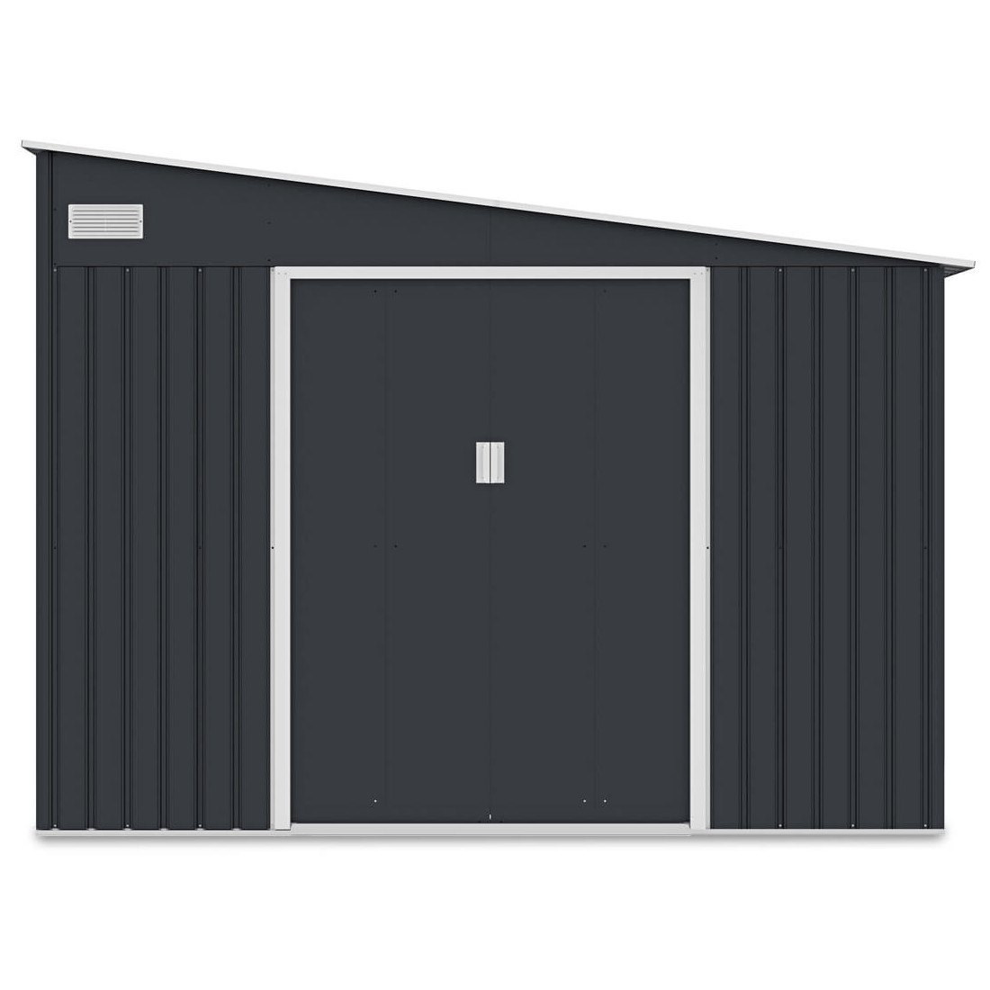 Widok na przód domku narzędziowego JASPER_279x321 cm Cold Grey z dachem pochylonym na prawo