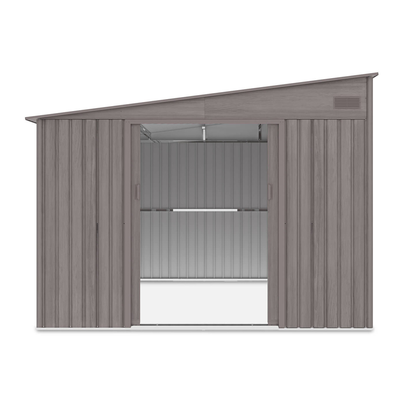 Widok na przód i wnętrze domku narzędziowego Jasper 279x321cm Light Wood z spadkiem dachu na lewą stronę