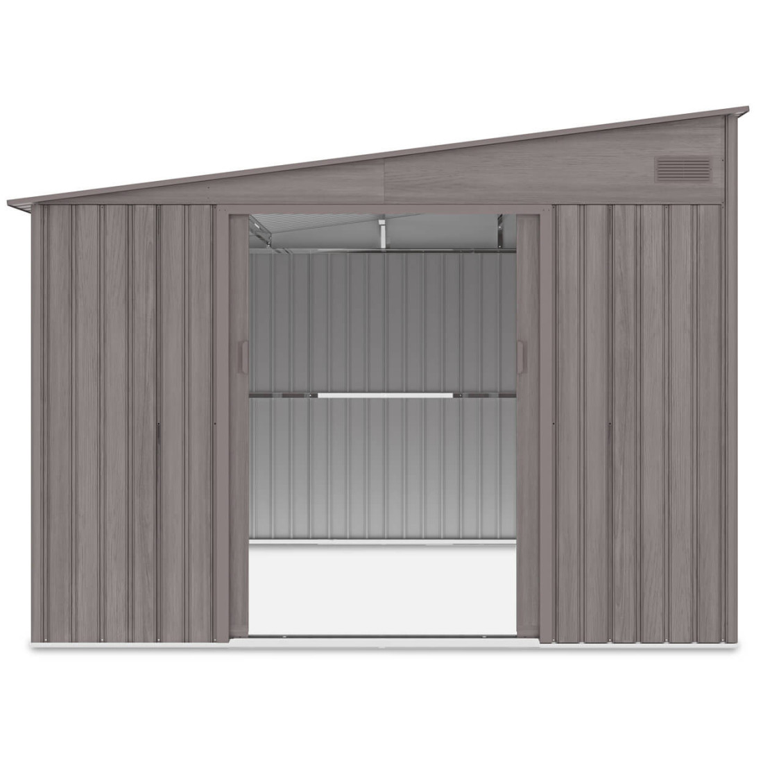 Widok na przód i wnętrze domku narzędziowego Jasper 279x321cm Light Wood z spadkiem dachu na lewą stronę