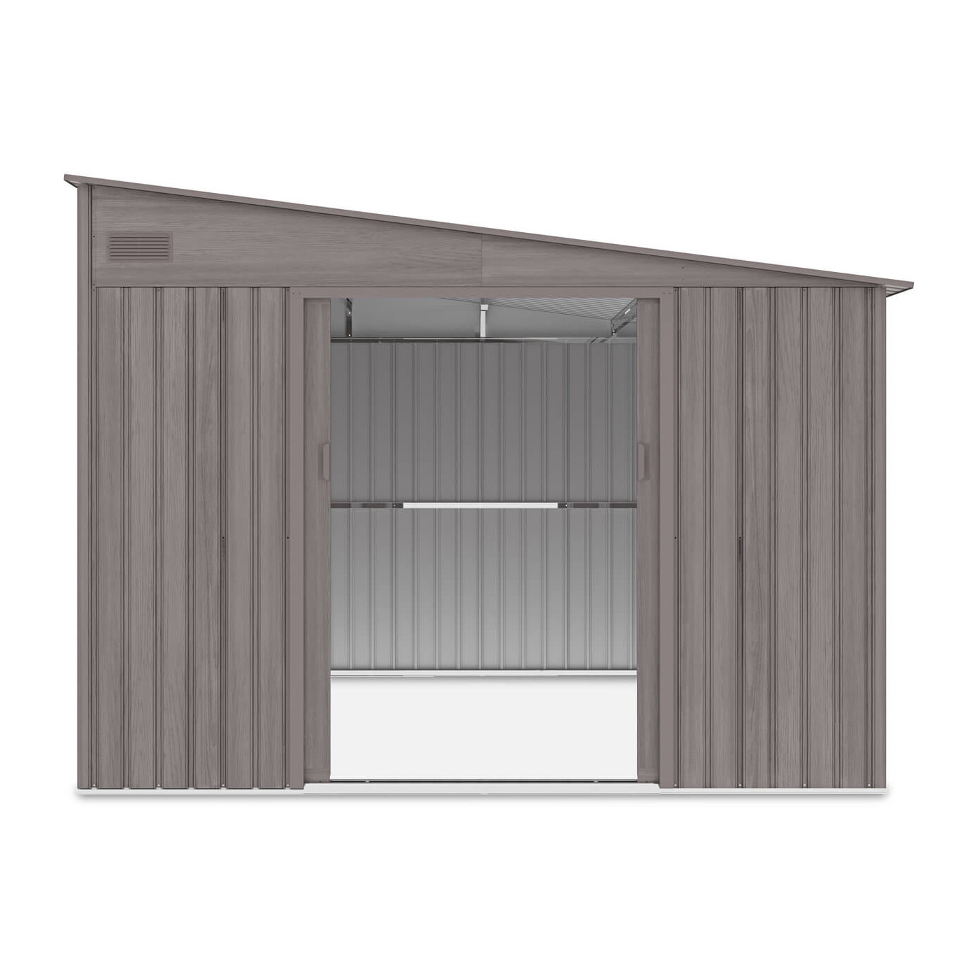 Widok na przód i wnętrze domku ogrodowego Jasper 279x321cm Light Wood z spadkiem dachu na prawą stronę