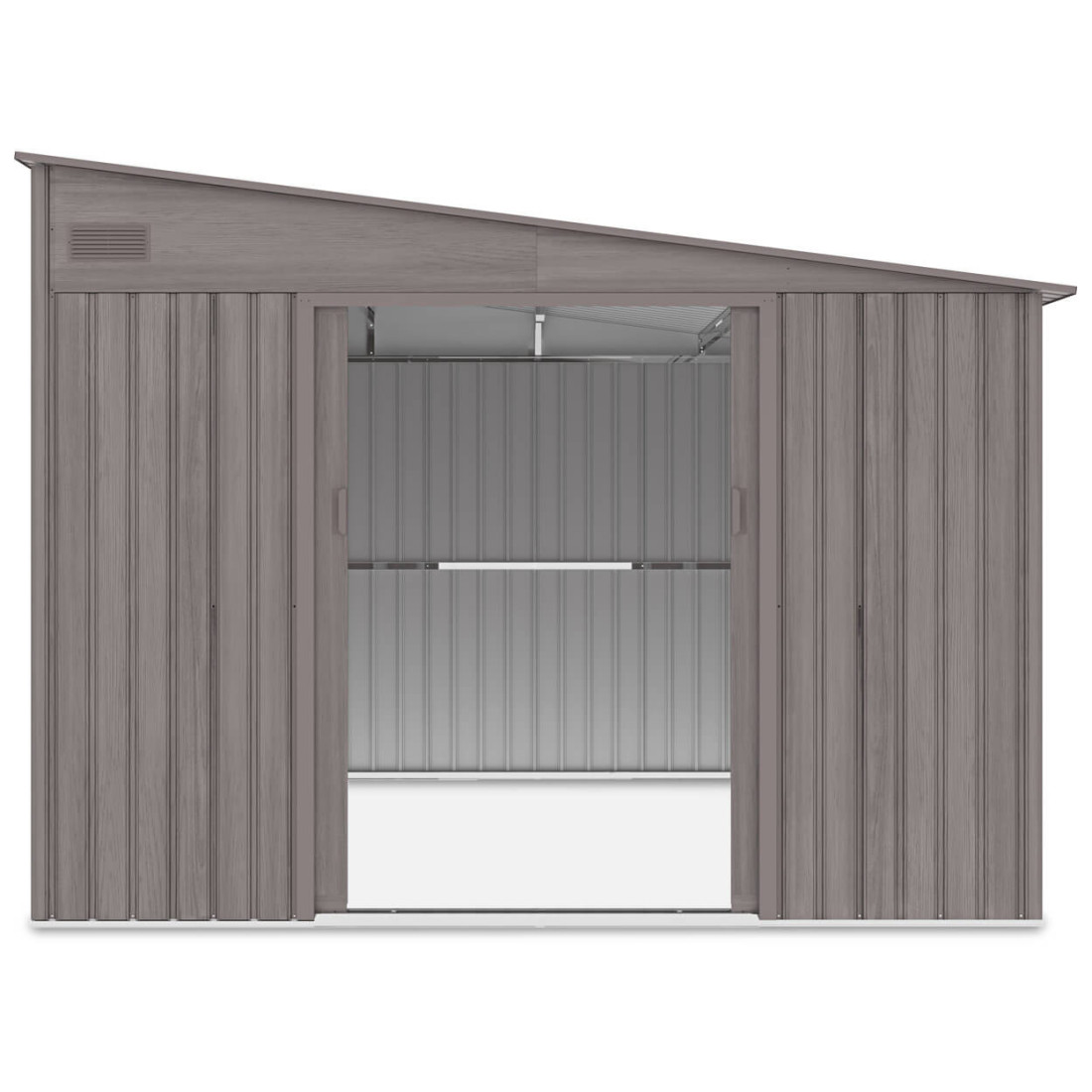 Widok na przód i wnętrze domku ogrodowego Jasper 279x321cm Light Wood z spadkiem dachu na prawą stronę