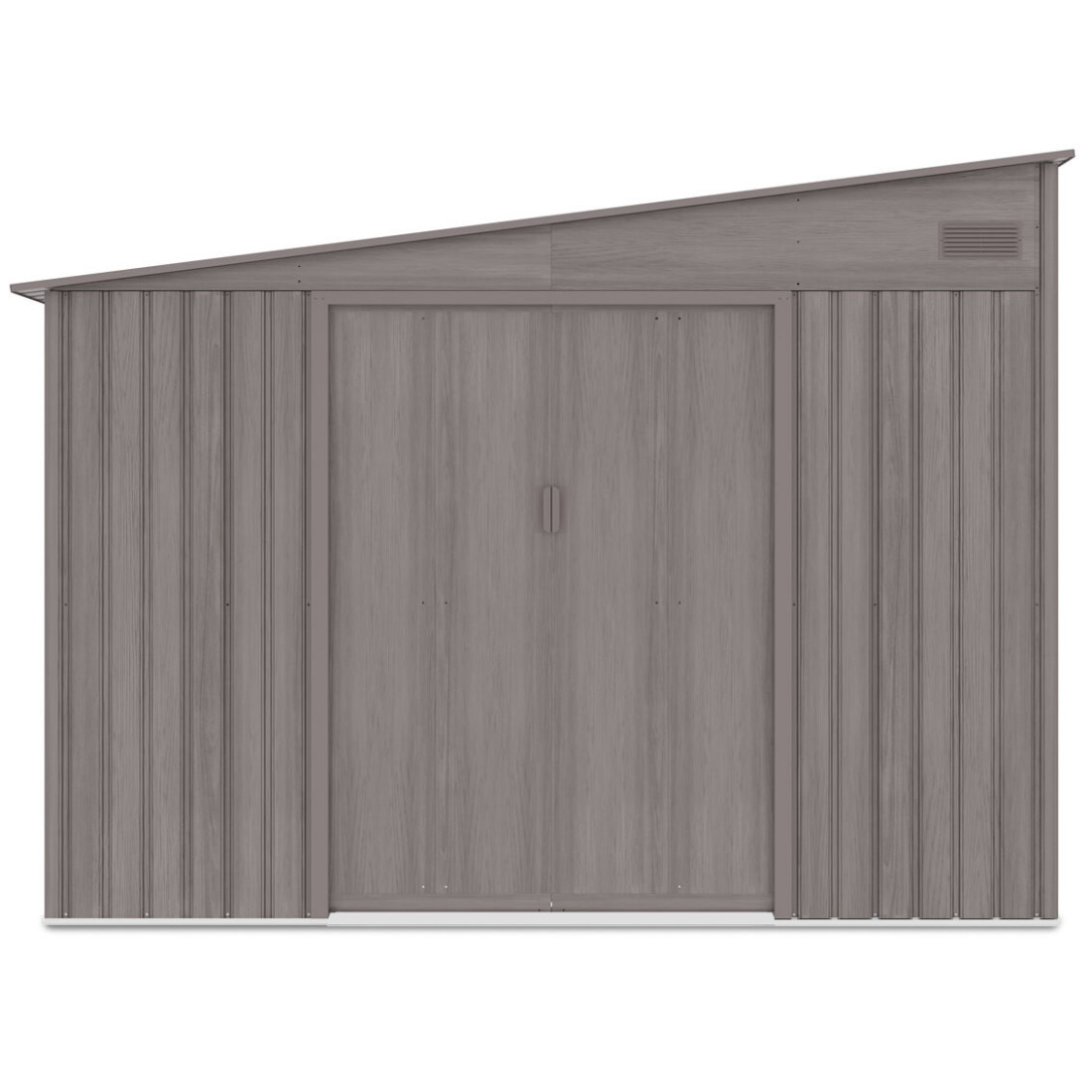 Widok na przednią ścianę i podwójne drzwi domku narzędziowego JASPER 279x321cm Light Wood z spadkiem dachu na lewą stronę