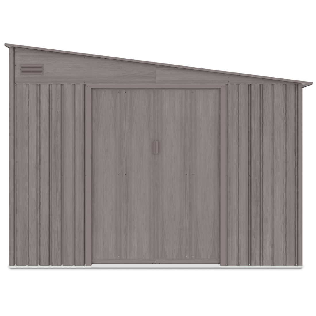 Widok na przednią ścianę i podwójne drzwi domku ogrodowego JASPER 279x321cm Light Wood z spadkiem dachu na prawą stronę