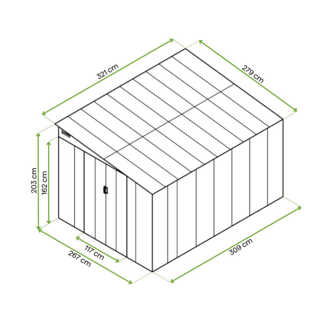 Rycina z wymiarami domku na narzędzia JASPER 279x321cm Hardmaister