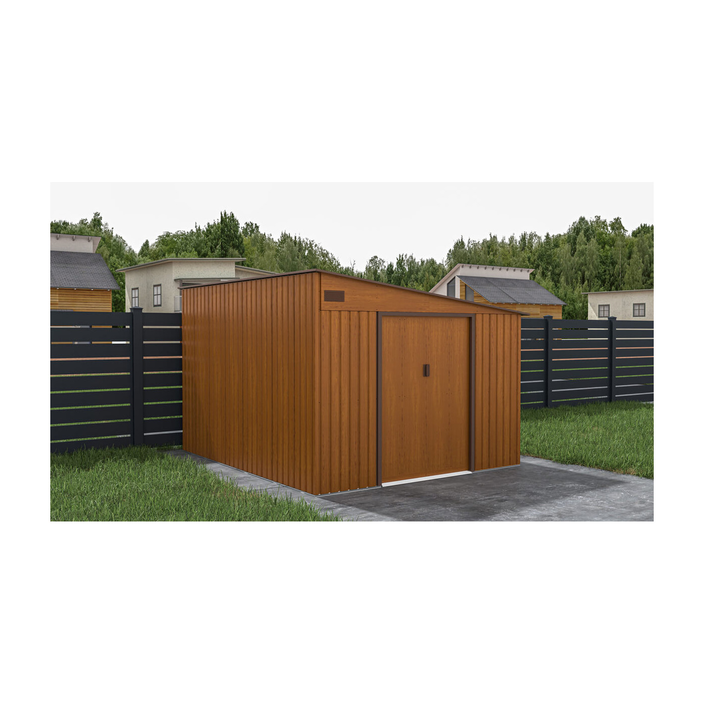 Domek narzędziowy Jasper 279x321cm Oak Brown na betonowym podłożu przy czarnym płocie