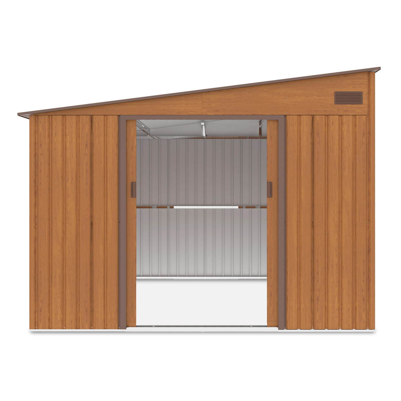 Widok na przód i wnętrze domku narzędziowego JASPER 279x321cm, podwójne drzwi otwarte