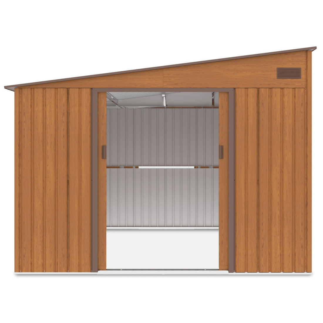 Widok na przód i wnętrze domku narzędziowego JASPER 279x321cm, podwójne drzwi otwarte