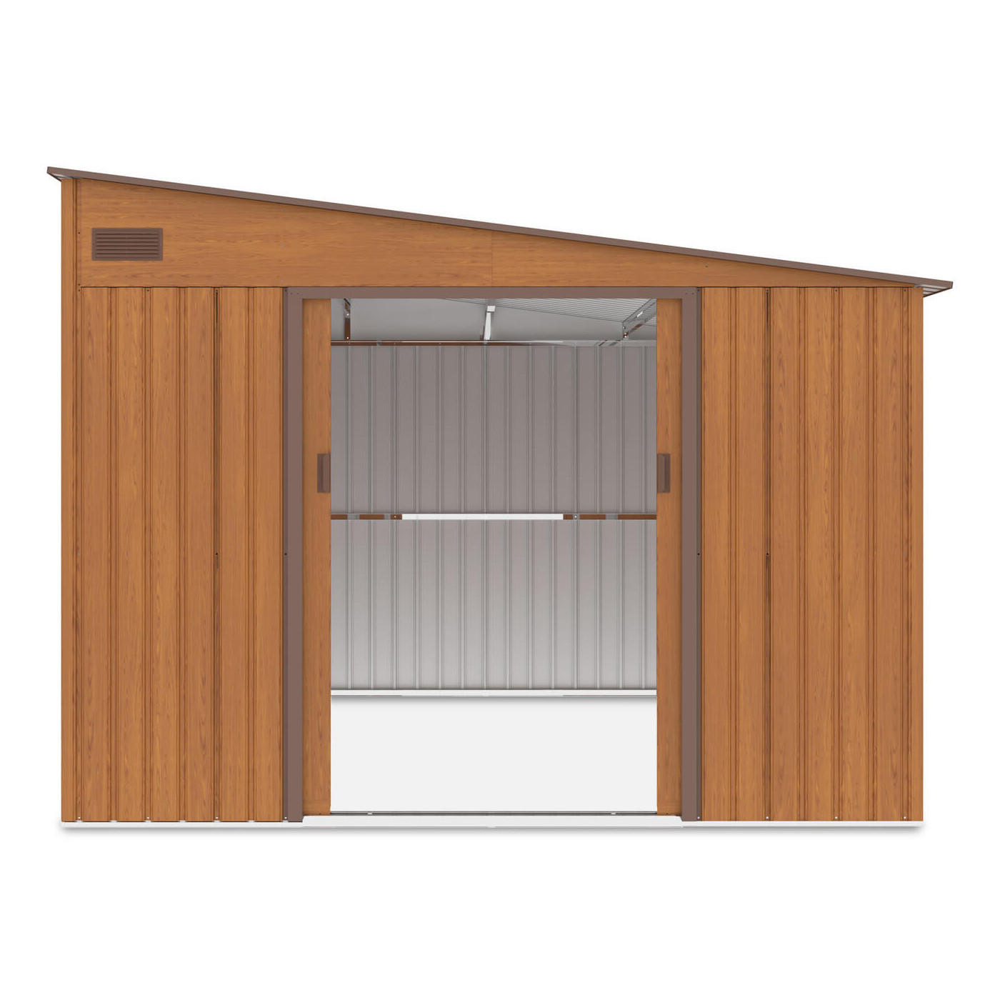 Zdjęcie od frontu na wnętrze domku narzędziowego JASPER 279x321cm Oak Brown