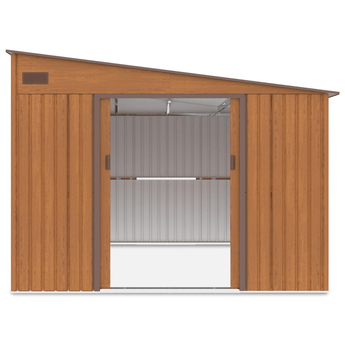 Zdjęcie od frontu na wnętrze domku narzędziowego JASPER 279x321cm Oak Brown