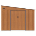 Zdjęcie pokazujące przód domku narzędziowego JASPER_279x321_cm_Oak_Brown z dachem pochylonym na prawo