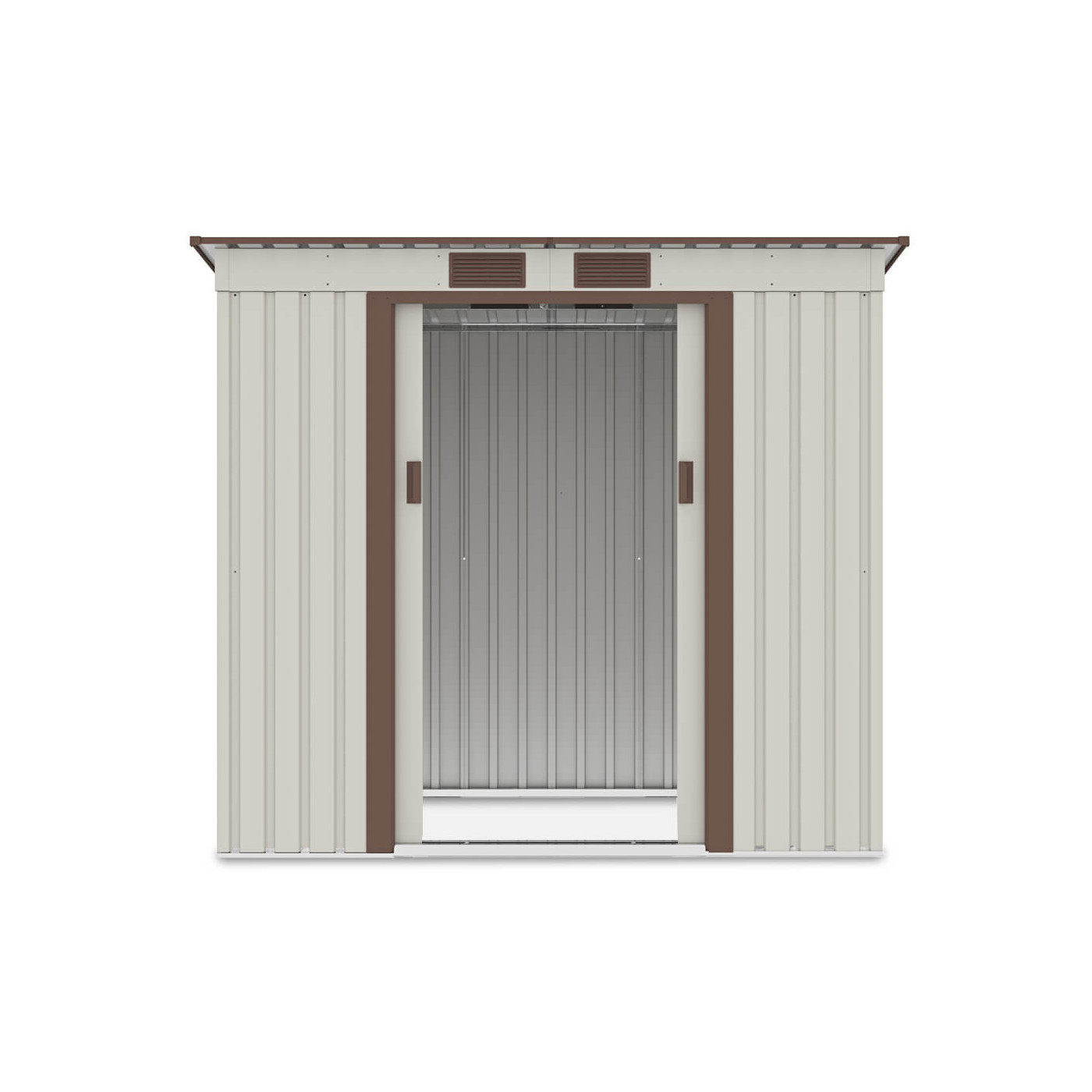 Widok na przednią ścianę i podwójne drzwi domku narzędziowego OREGON 201x121cm Beige