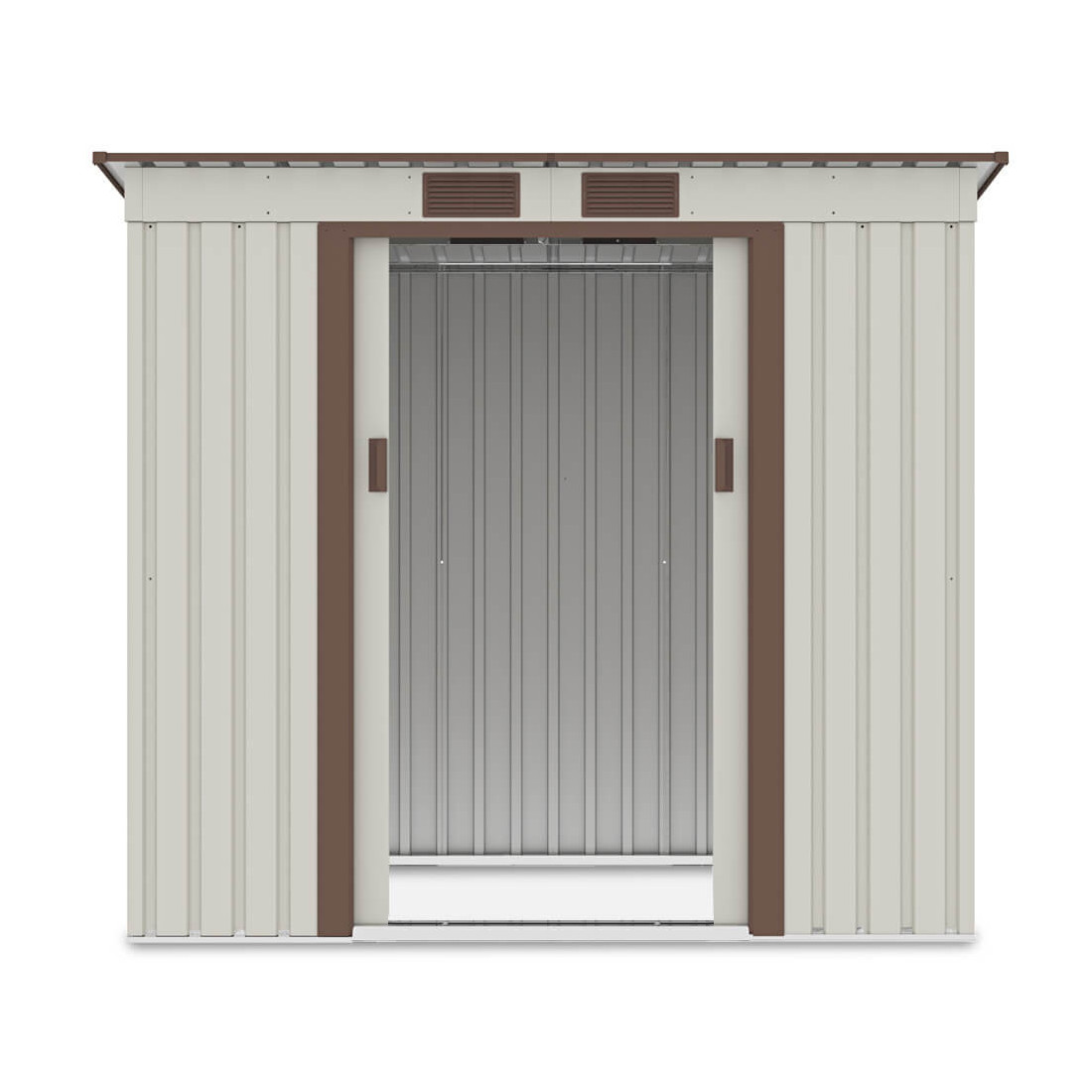 Widok na przednią ścianę i podwójne drzwi domku narzędziowego OREGON 201x121cm Beige