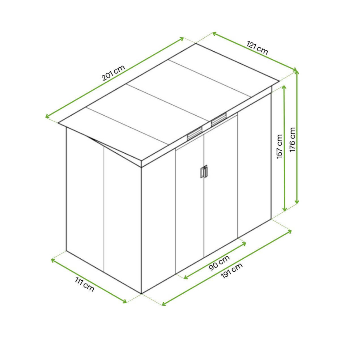 Rycina z wymiarami domku narzędziowego OREGON 201x121cm 