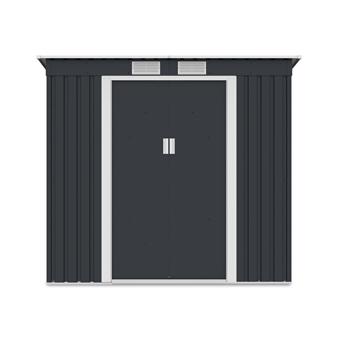 Widok na przednią ścianę i podwójne drzwi domku narzędziowego OREGON 201x121