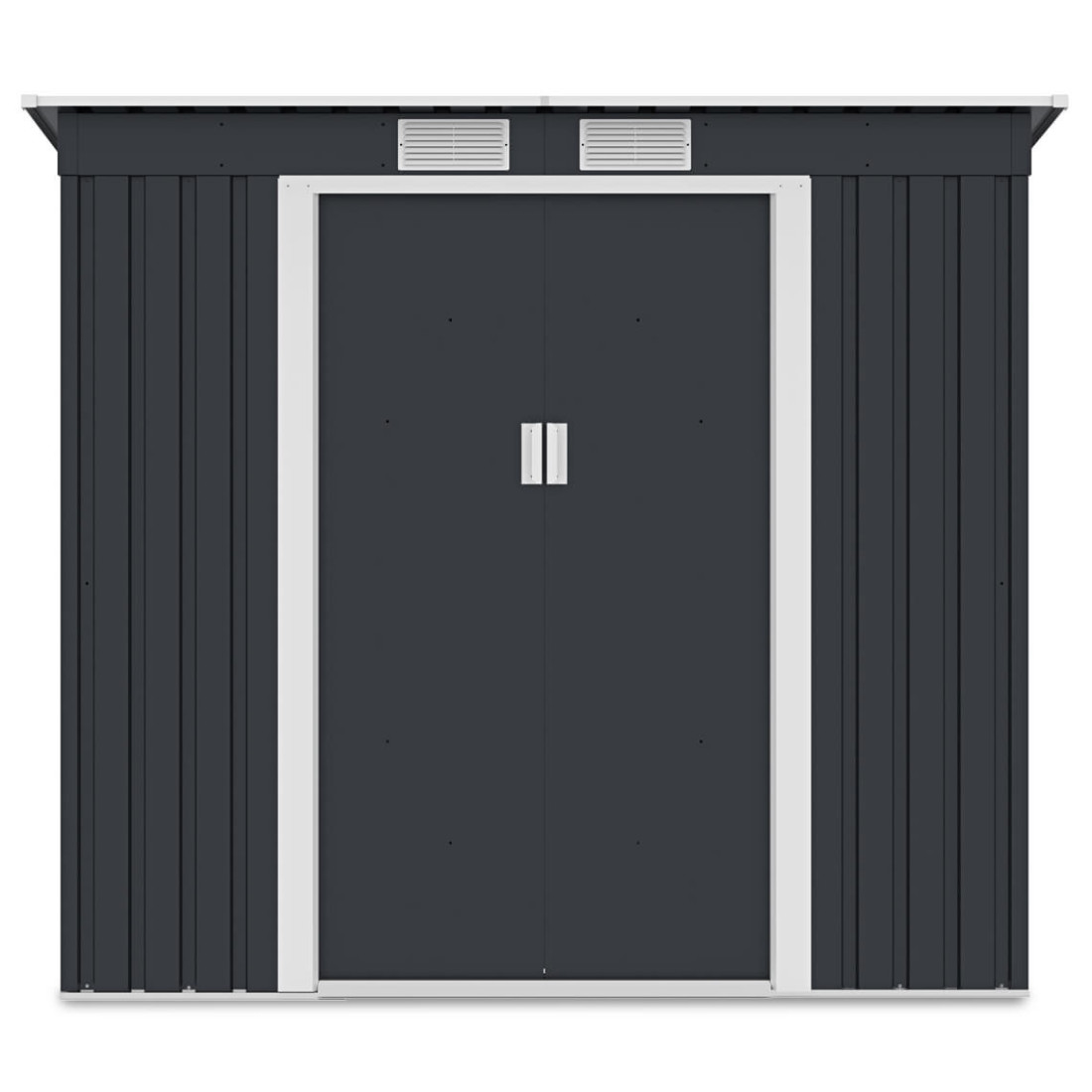 Widok na przednią ścianę i podwójne drzwi domku narzędziowego OREGON 201x121