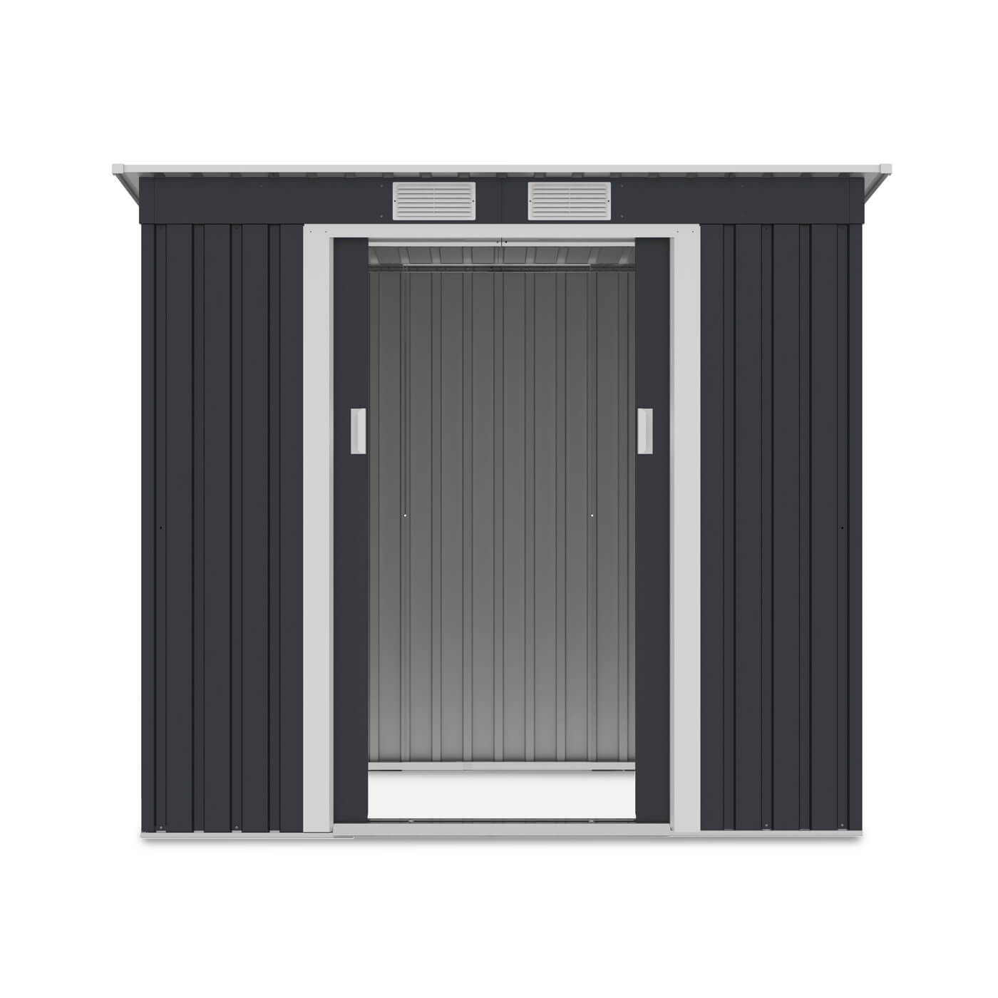 Widok na przód i wnętrze domku narzędziowego OREGON 201x121cm 