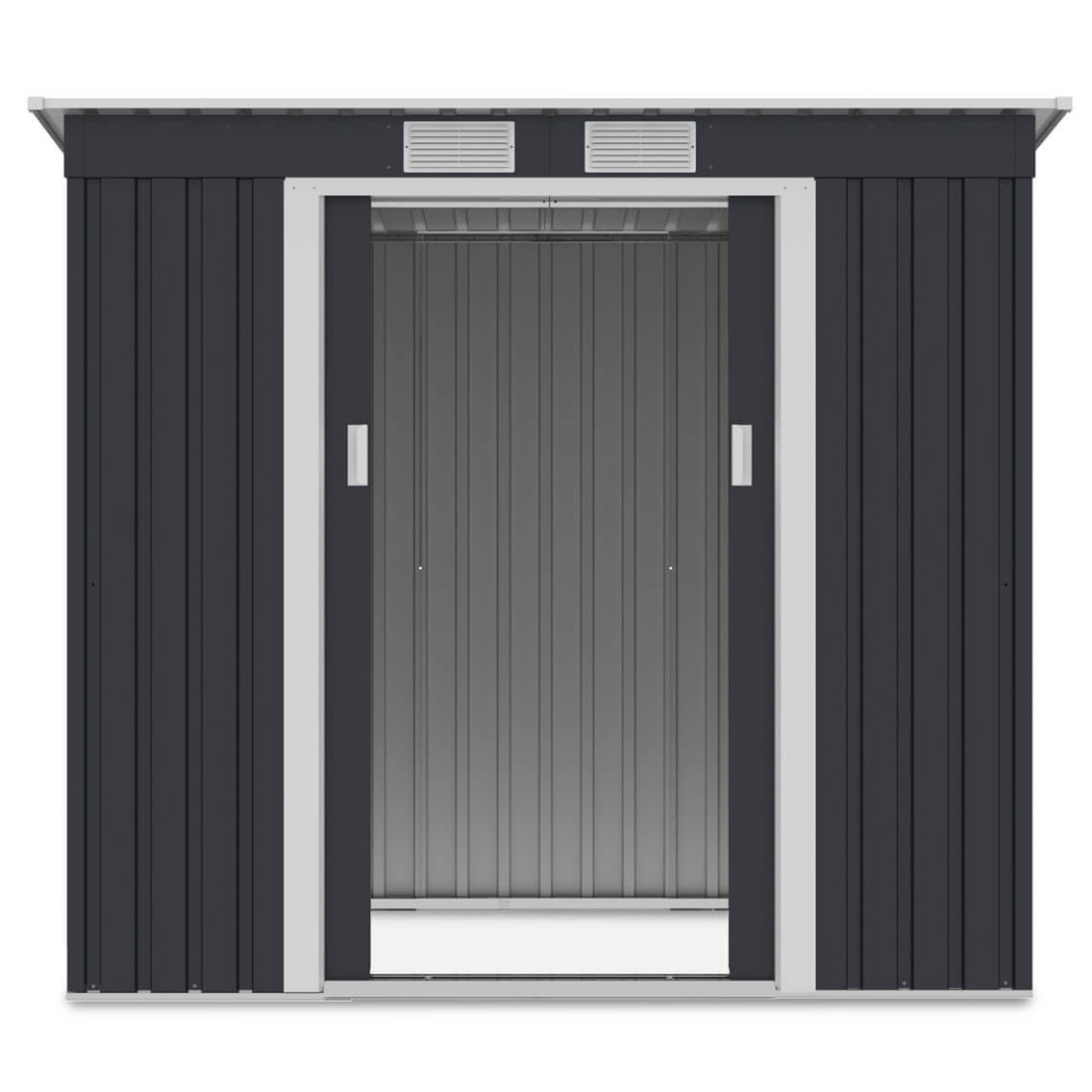 Widok na przód i wnętrze domku narzędziowego OREGON 201x121cm 