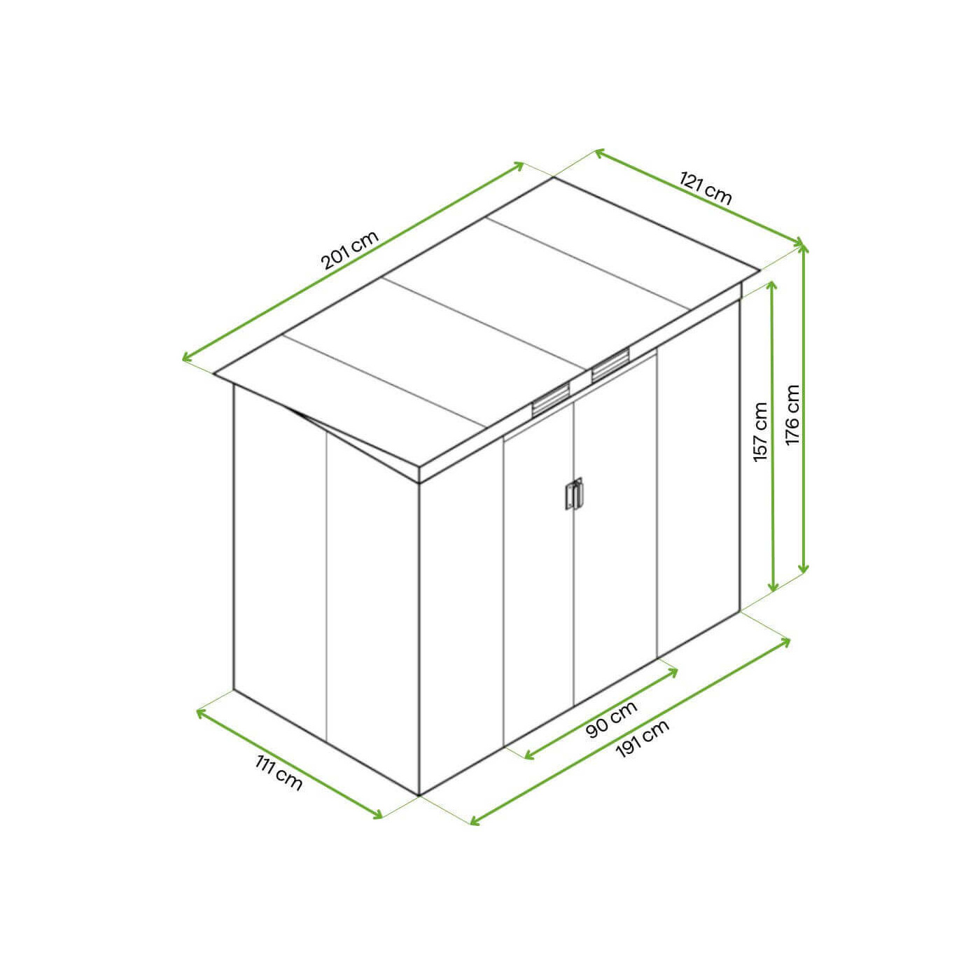 Rycina z wymiarami domku narzędziowego OREGON 201x121cm