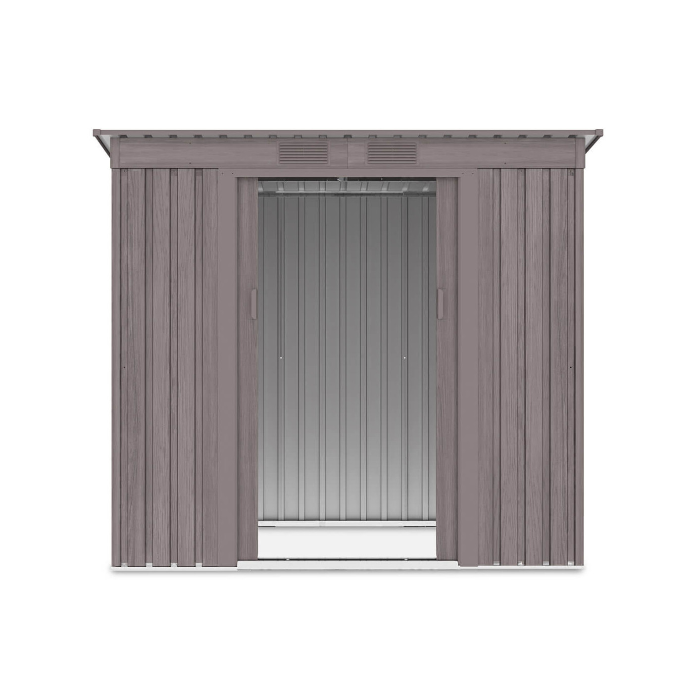 Widok na przód i wnętrze domku narzędziowego OREGON 201x121cm Light Wood 