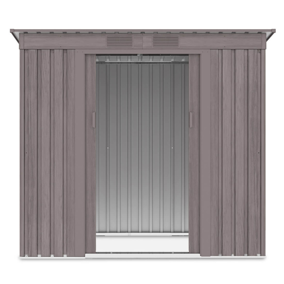 Widok na przód i wnętrze domku narzędziowego OREGON 201x121cm Light Wood 