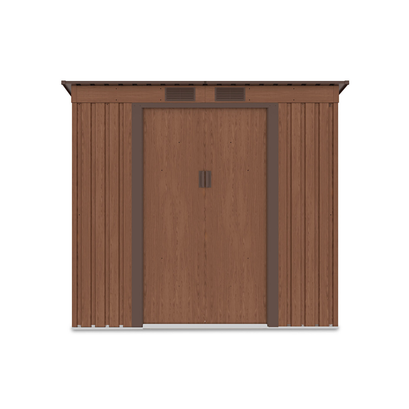 Widok na przednią ścianę i podwójne drzwi domku narzędziowego OREGON 201x121cm Walnut