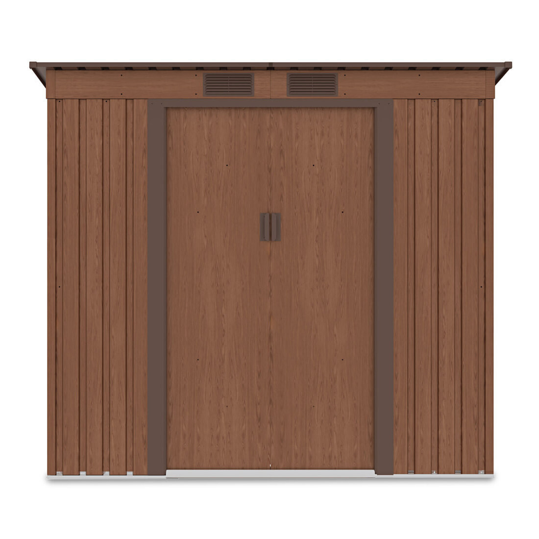 Widok na przednią ścianę i podwójne drzwi domku narzędziowego OREGON 201x121cm Walnut