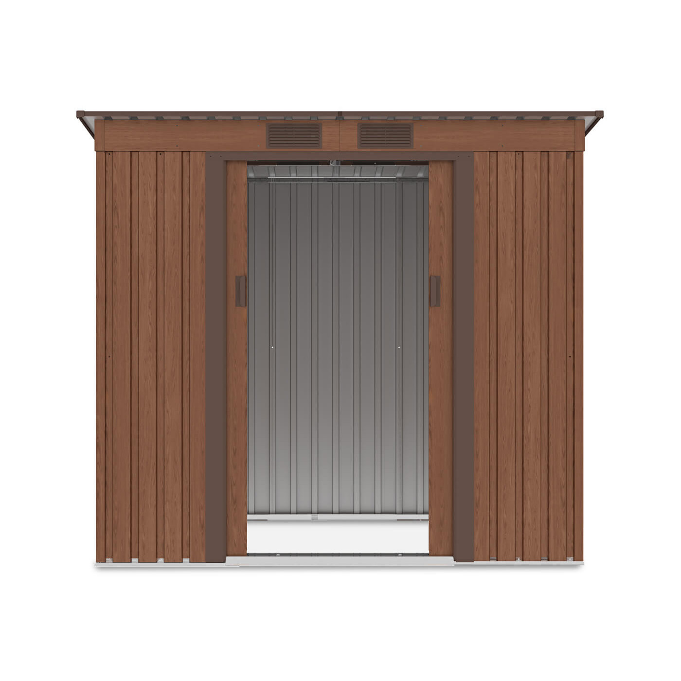 Widok na przód i wnętrze domku narzędziowego OREGON 201x121cm Walnut