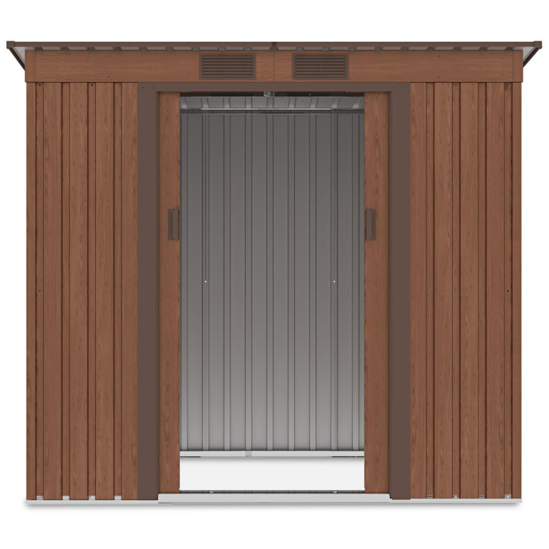 Widok na przód i wnętrze domku narzędziowego OREGON 201x121cm Walnut