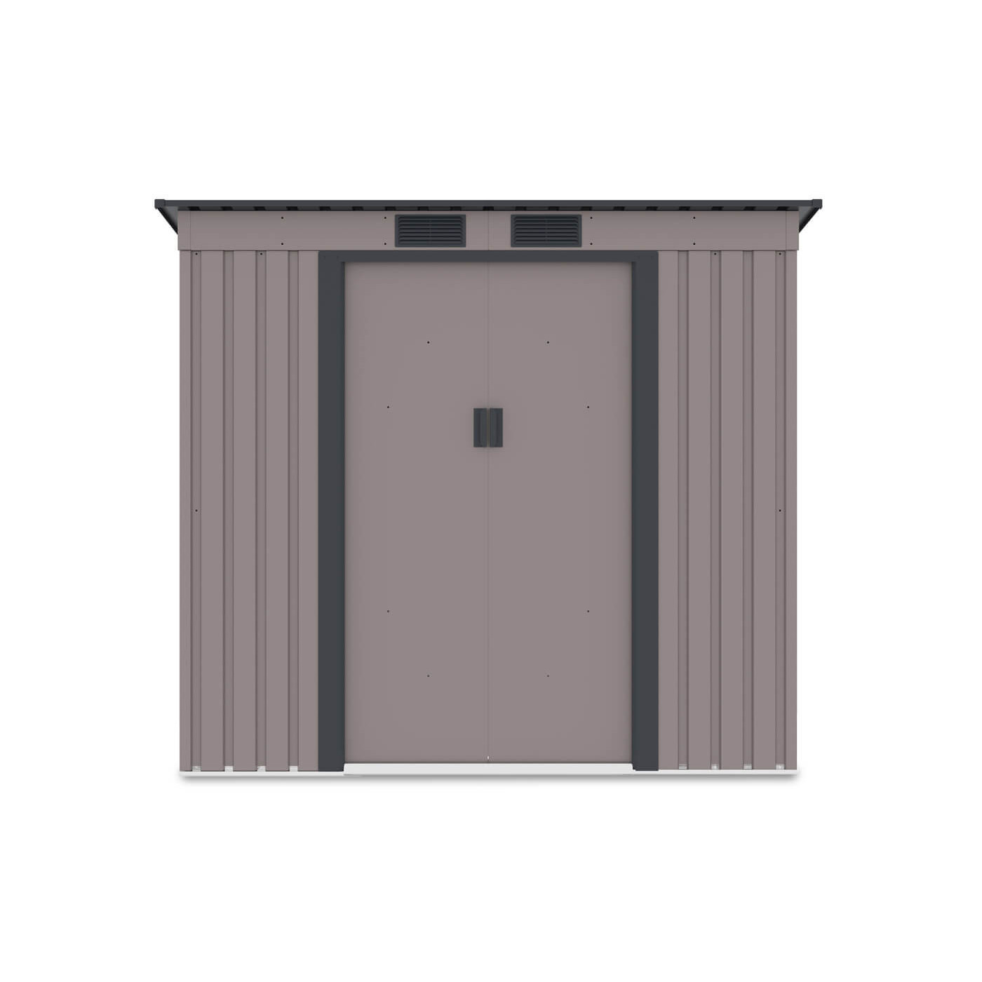 Widok na przednią ścianę i podwójne drzwi domku narzędziowego OREGON 201x121cm Warm Grey