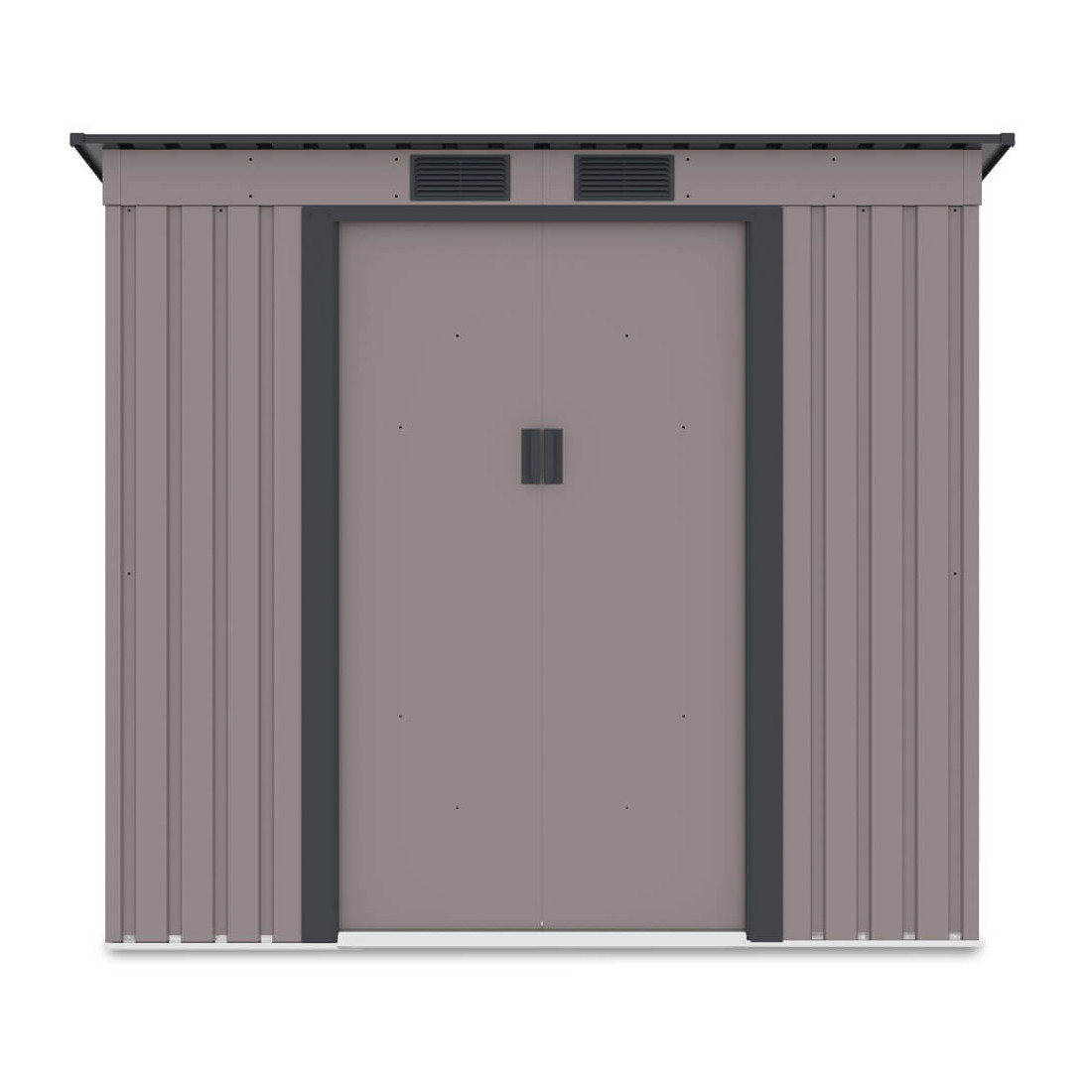 Widok na przednią ścianę i podwójne drzwi domku narzędziowego OREGON 201x121cm Warm Grey