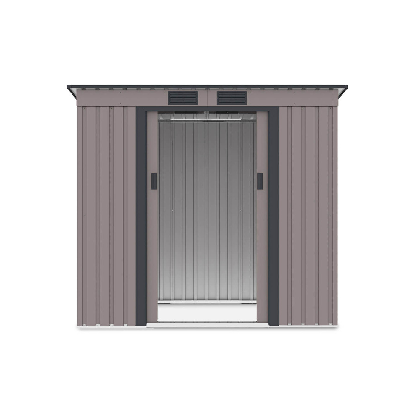 Widok na przód i wnętrze domku narzędziowego OREGON 201x121cm Warm Grey 