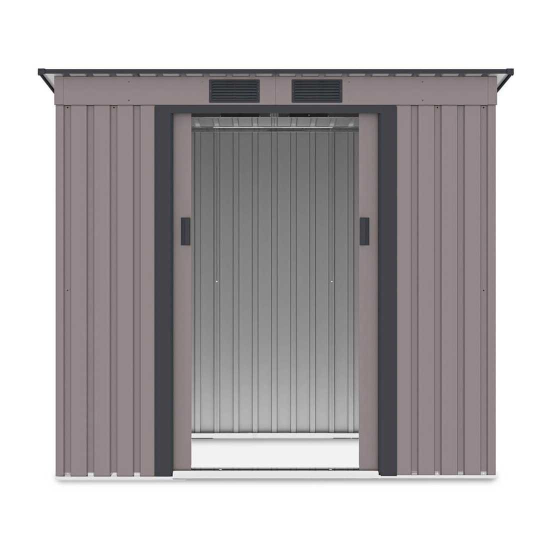 Widok na przód i wnętrze domku narzędziowego OREGON 201x121cm Warm Grey 