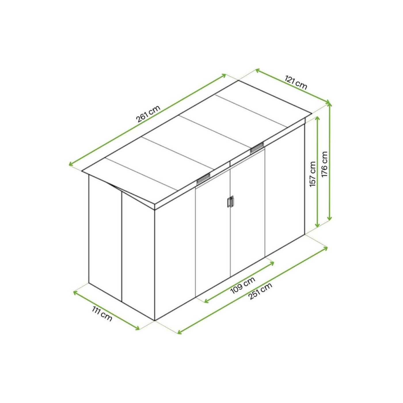 Rysunek z wymiarami domku ogrodowego OREGON 261x121cm od firmy Hardmaister
