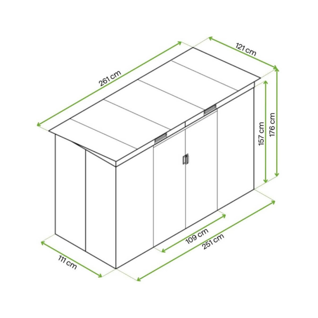 Rysunek z wymiarami domku ogrodowego OREGON 261x121cm od firmy Hardmaister