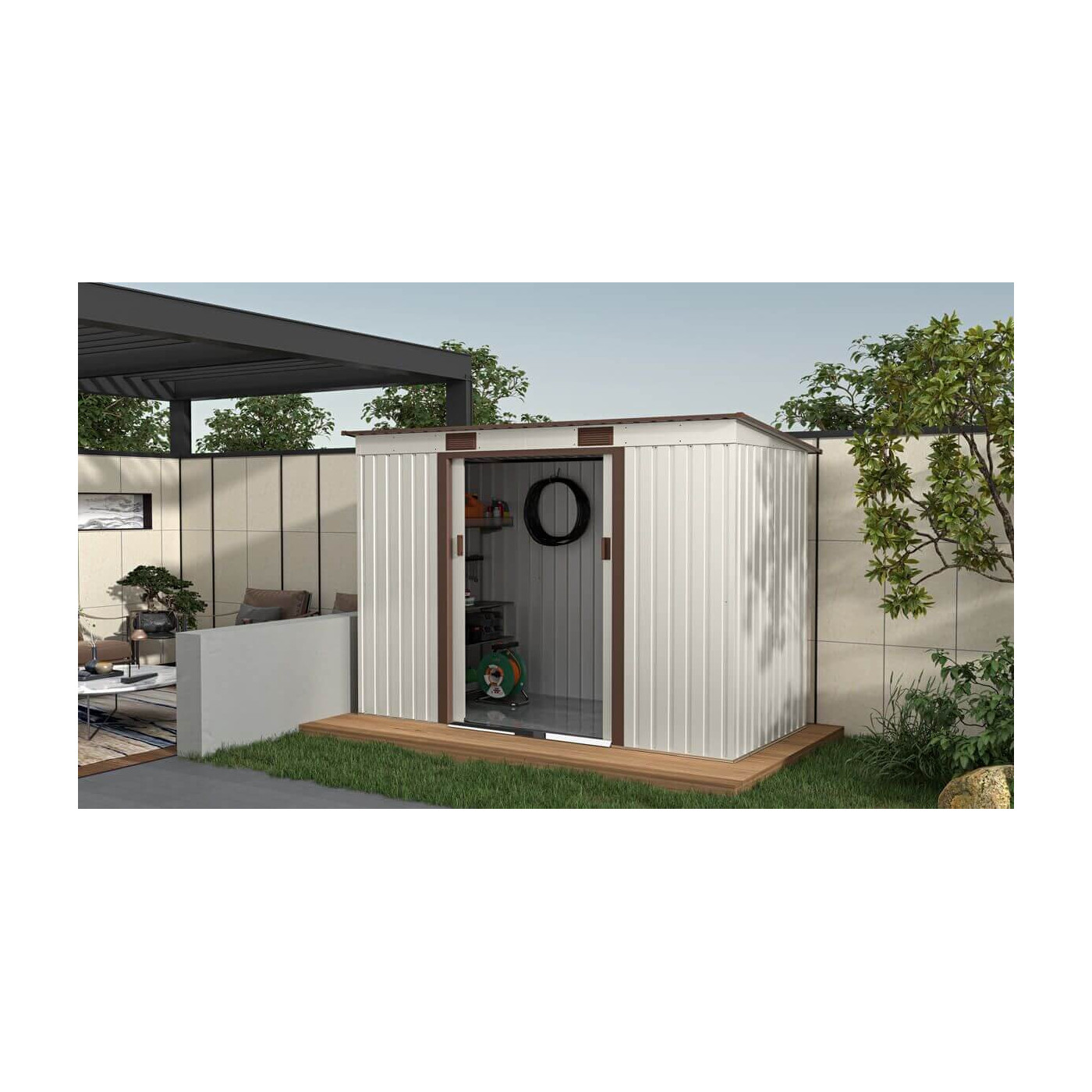 Aranżacja w ogrodzie narzędziowni OREGON 261x121cm w beżowym odcieniu