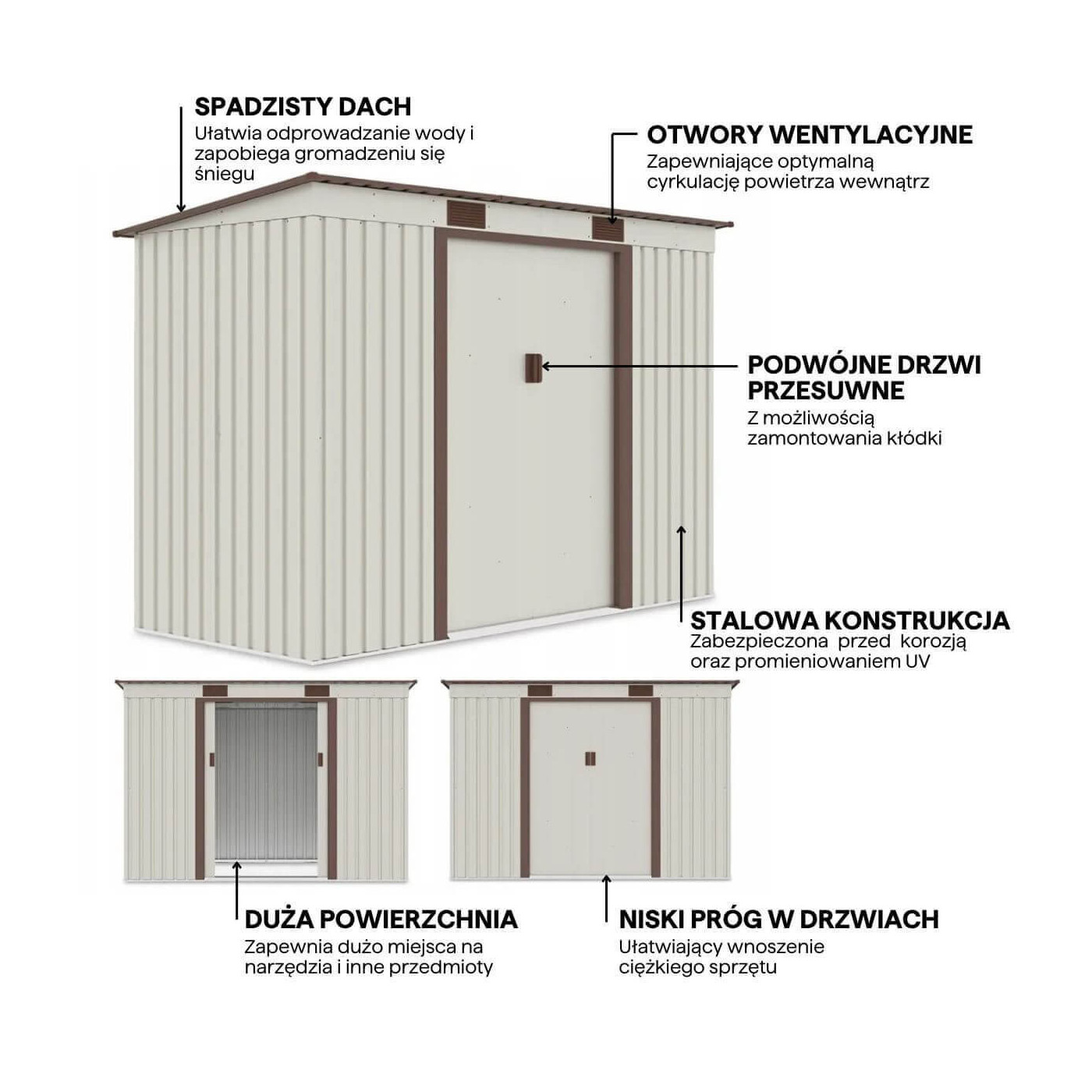 Grafika przedstawiająca detale i funkcje domku narzędziowego OREGON 261x121cm