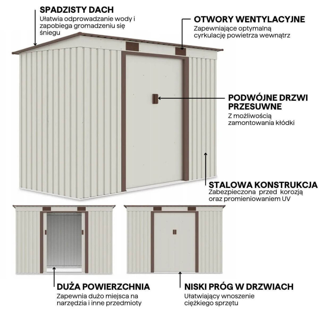 Grafika przedstawiająca detale i funkcje domku narzędziowego OREGON 261x121cm