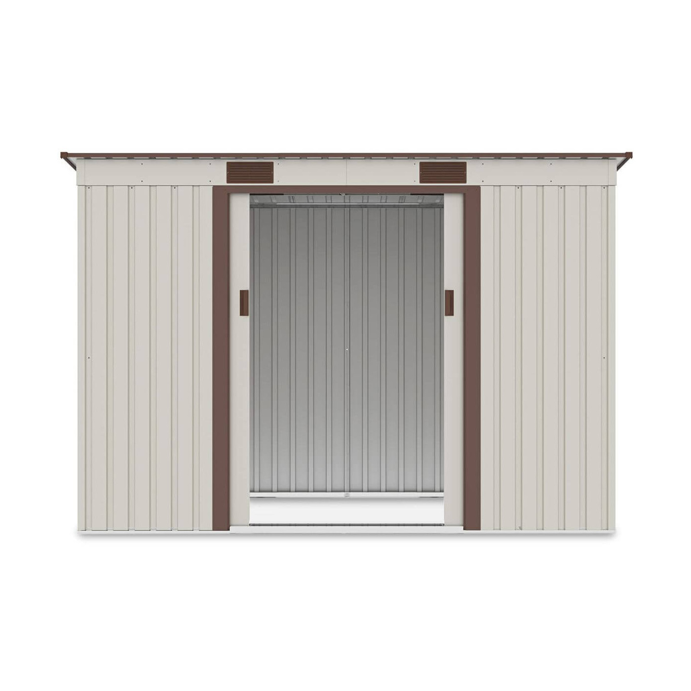 Widok na wnętrze domku narzędziowego OREGON 261x121cm Beige przez otwarte drzwi