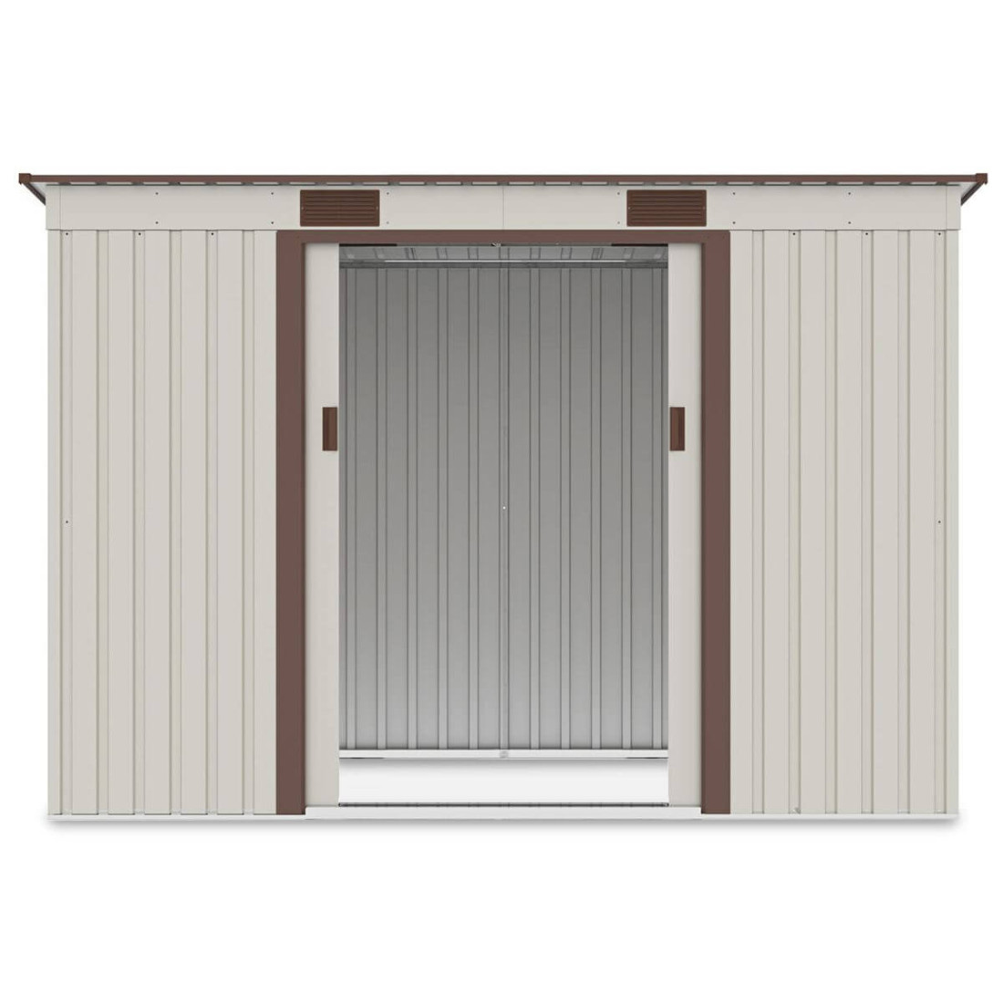 Widok na wnętrze domku narzędziowego OREGON 261x121cm Beige przez otwarte drzwi