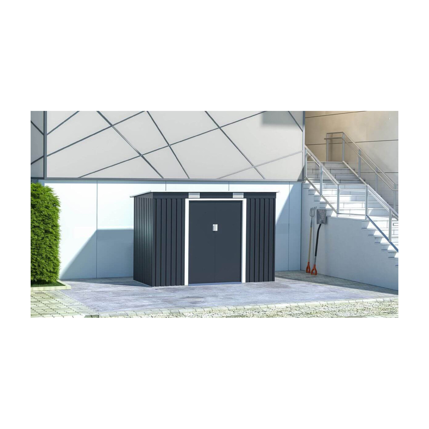 Aranżacja w ogrodzie narzędziowni OREGON 261x121cm w zimno szarym odcieniu