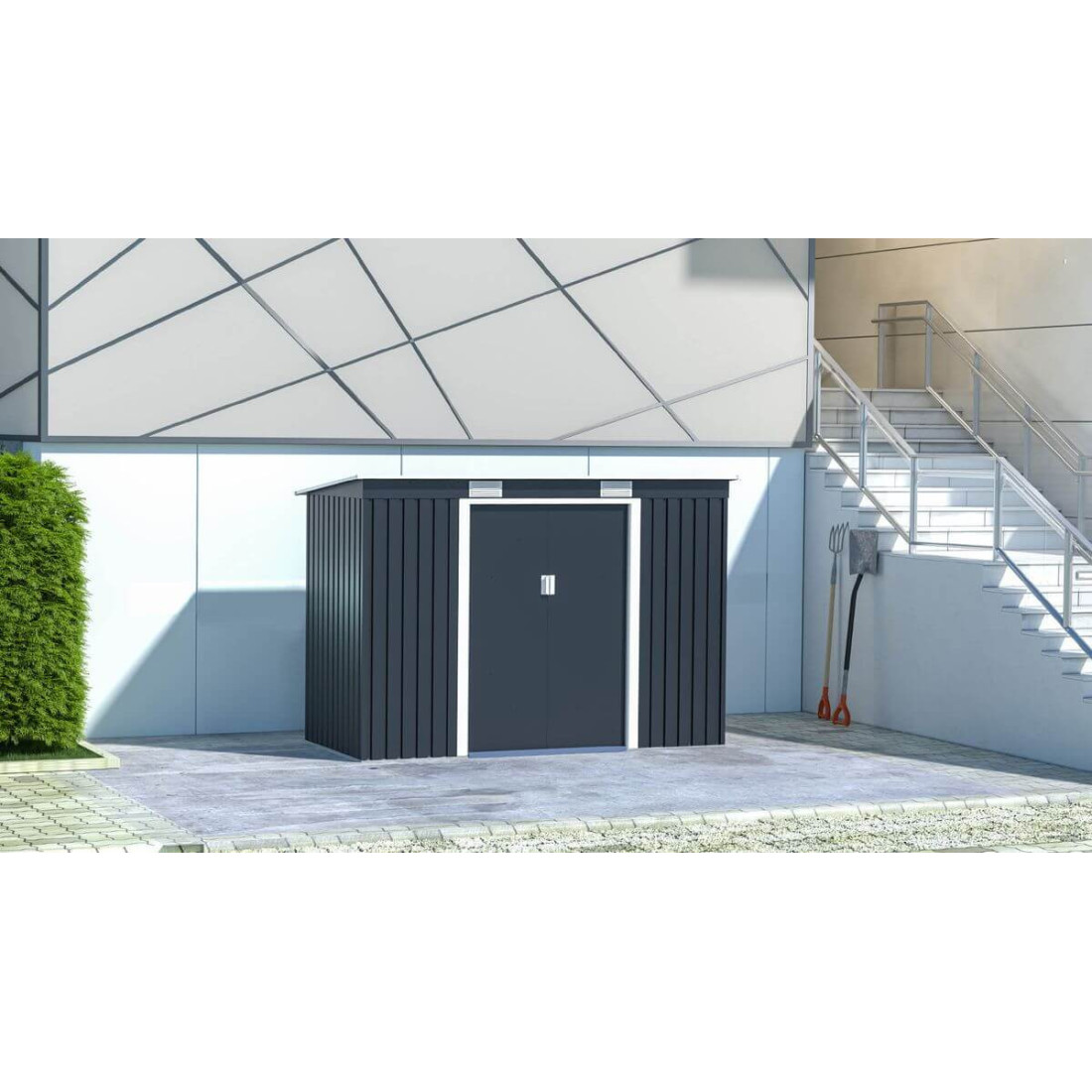 Aranżacja w ogrodzie narzędziowni OREGON 261x121cm w zimno szarym odcieniu