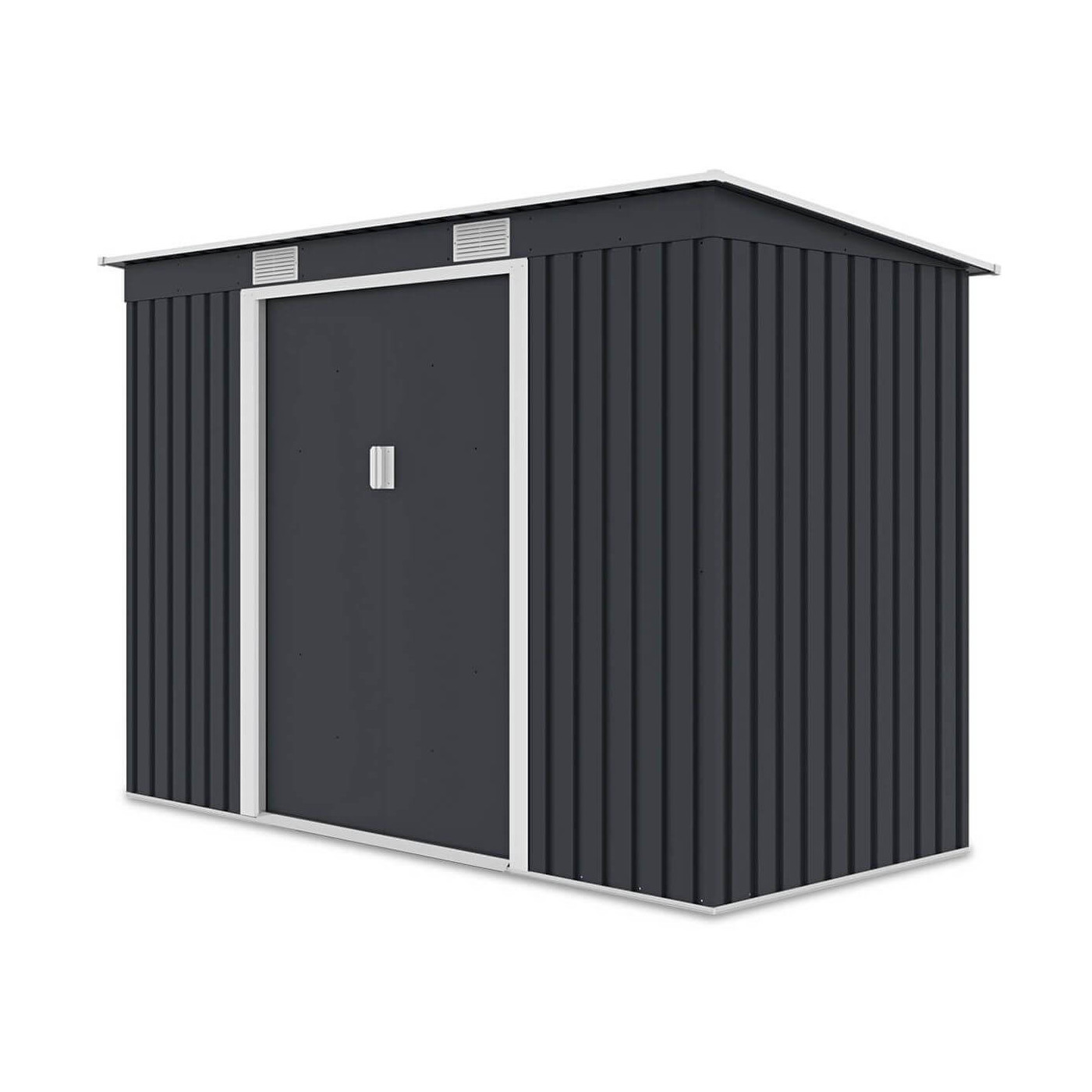 Widok z boku metalowego domku narzędziowego OREGON o wymiarach 261x121cm