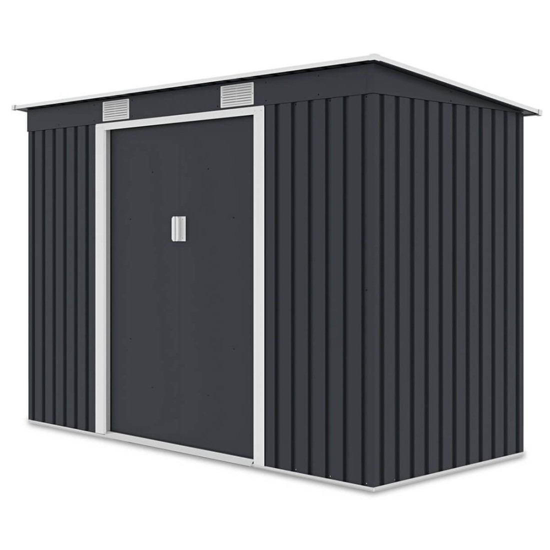 Widok z boku metalowego domku narzędziowego OREGON o wymiarach 261x121cm