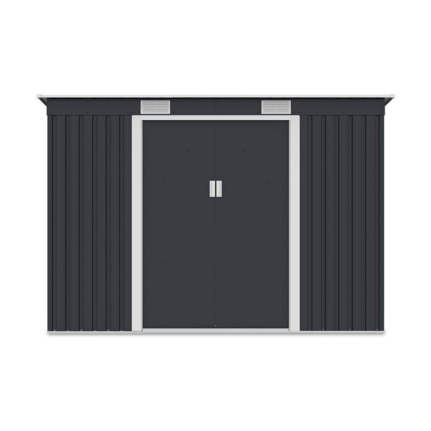 Widok z przodu domku narzędziowego OREGON 261x121cm w kolorze zimno szarym