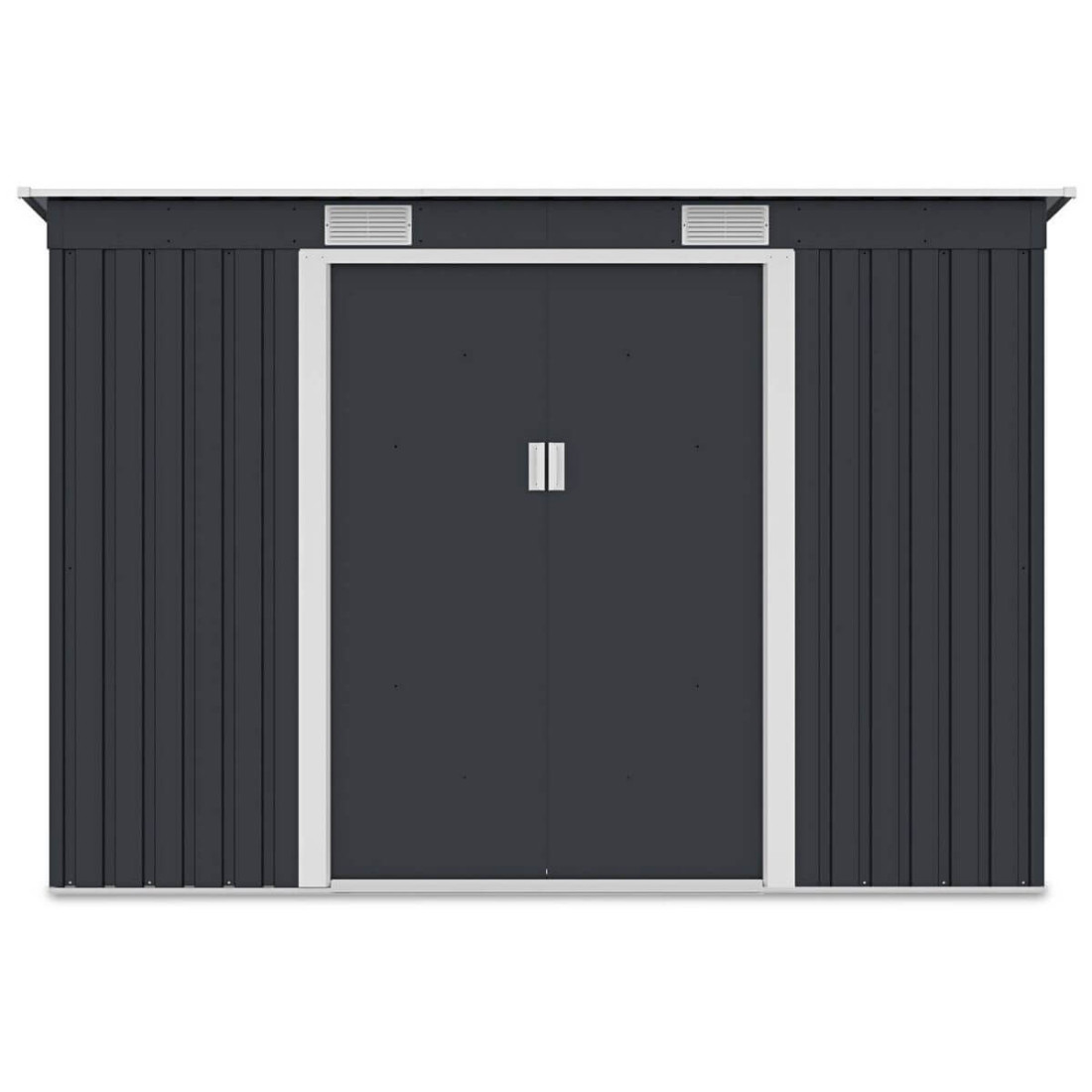 Widok z przodu domku narzędziowego OREGON 261x121cm w kolorze zimno szarym