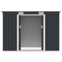 Widok na wnętrze domku narzędziowego OREGON 261x121cm Cold Grey przez otwarte drzwi