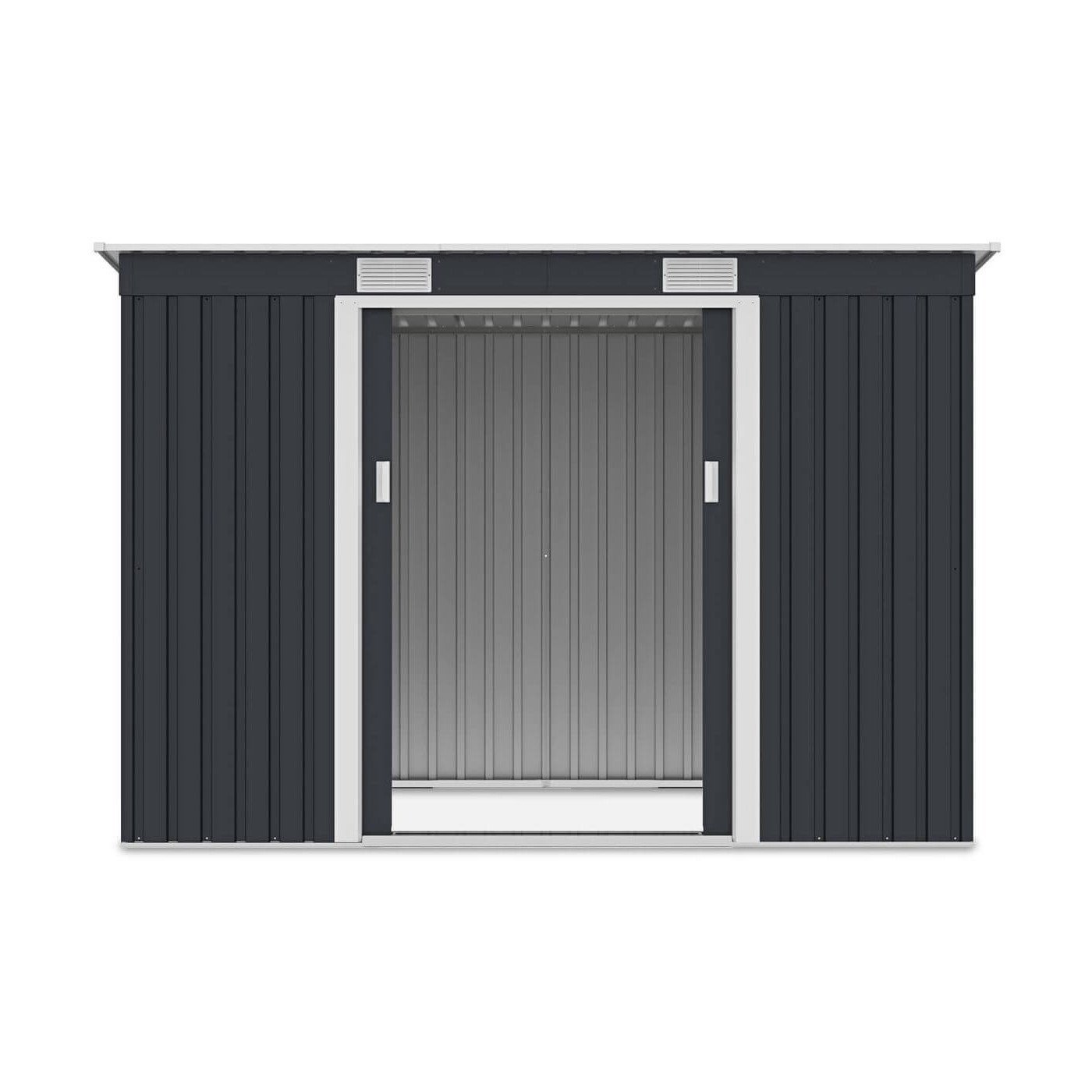 Widok na wnętrze domku narzędziowego OREGON 261x121cm Cold Grey przez otwarte drzwi