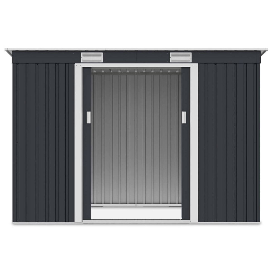 Widok na wnętrze domku narzędziowego OREGON 261x121cm Cold Grey przez otwarte drzwi